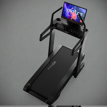 MS MAX folding treadmill side view with 21.5" display

Treadmill showing incline range and TFT screen

Foldable treadmill in compact storage position

High-speed treadmill with digital controls

Wide deck treadmill for joint support