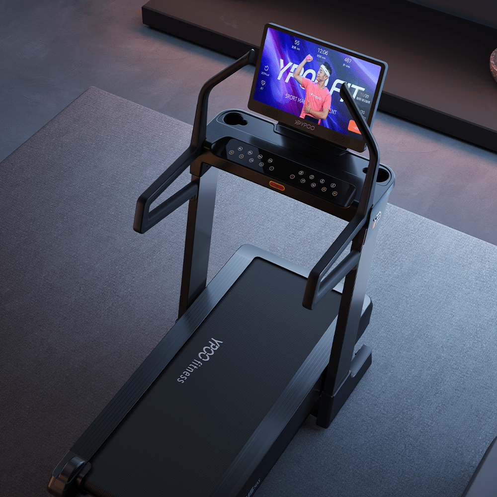 MS MAX folding treadmill side view with 21.5" display

Treadmill showing incline range and TFT screen

Foldable treadmill in compact storage position

High-speed treadmill with digital controls

Wide deck treadmill for joint support