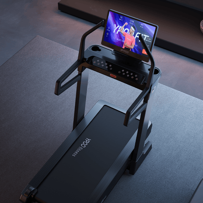 MS MAX folding treadmill side view with 21.5" display

Treadmill showing incline range and TFT screen

Foldable treadmill in compact storage position

High-speed treadmill with digital controls

Wide deck treadmill for joint support