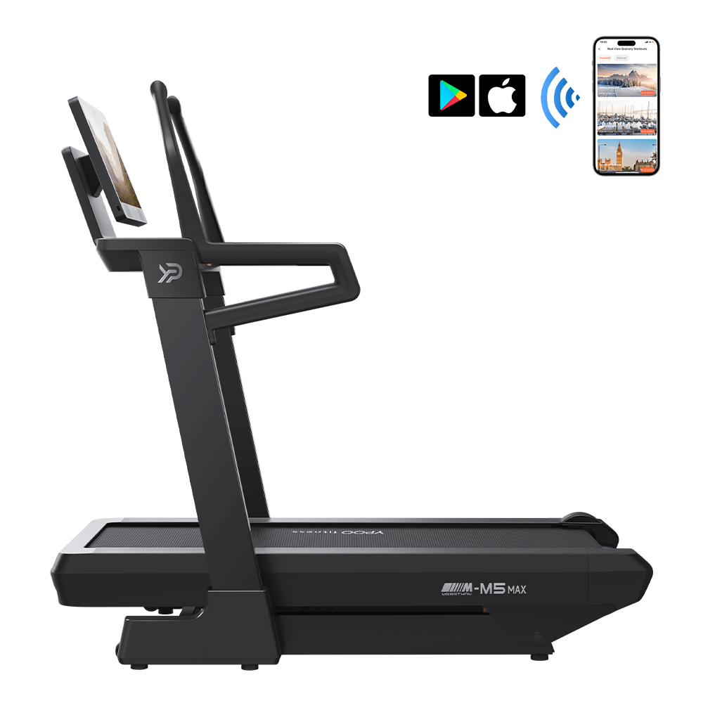 MS MAX folding treadmill side view with 21.5" display

Treadmill showing incline range and TFT screen

Foldable treadmill in compact storage position

High-speed treadmill with digital controls

Wide deck treadmill for joint support
