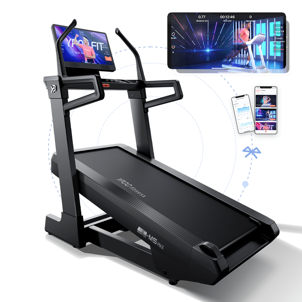 MS MAX folding treadmill side view with 21.5" display

Treadmill showing incline range and TFT screen

Foldable treadmill in compact storage position

High-speed treadmill with digital controls

Wide deck treadmill for joint support