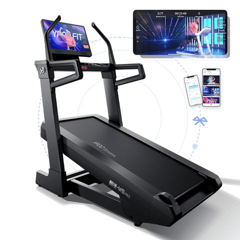 MS MAX folding treadmill side view with 21.5" display

Treadmill showing incline range and TFT screen

Foldable treadmill in compact storage position

High-speed treadmill with digital controls

Wide deck treadmill for joint support