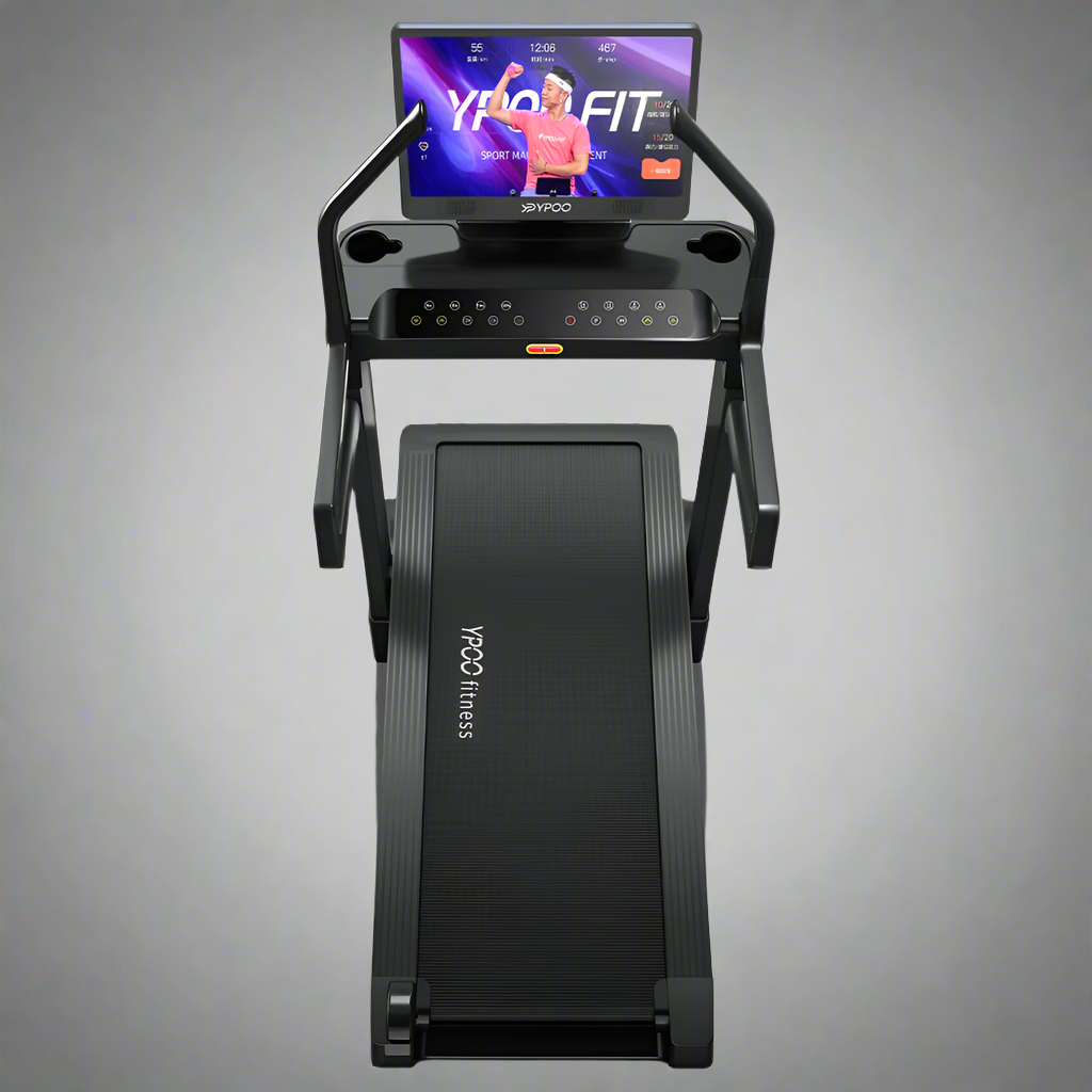 MS MAX folding treadmill side view with 21.5" display

Treadmill showing incline range and TFT screen

Foldable treadmill in compact storage position

High-speed treadmill with digital controls

Wide deck treadmill for joint support