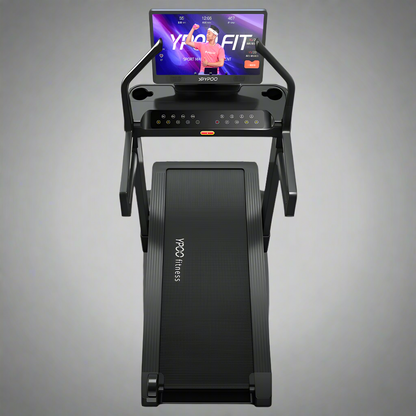 MS MAX folding treadmill side view with 21.5" display

Treadmill showing incline range and TFT screen

Foldable treadmill in compact storage position

High-speed treadmill with digital controls

Wide deck treadmill for joint support