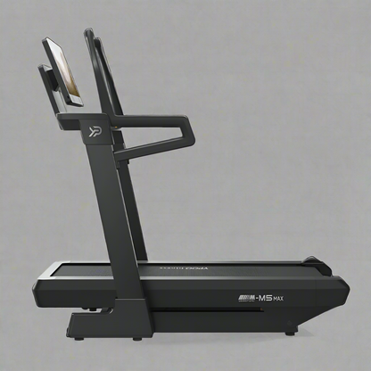 MS MAX folding treadmill side view with 21.5" display

Treadmill showing incline range and TFT screen

Foldable treadmill in compact storage position

High-speed treadmill with digital controls

Wide deck treadmill for joint support
