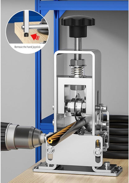 Dual-mode wire stripping machine – front view

Electric wire stripper with manual crank

Compact wire stripper with cable in slot

Manual & electric cable peeler – operation example

Drill-compatible wire stripping machine full kit

