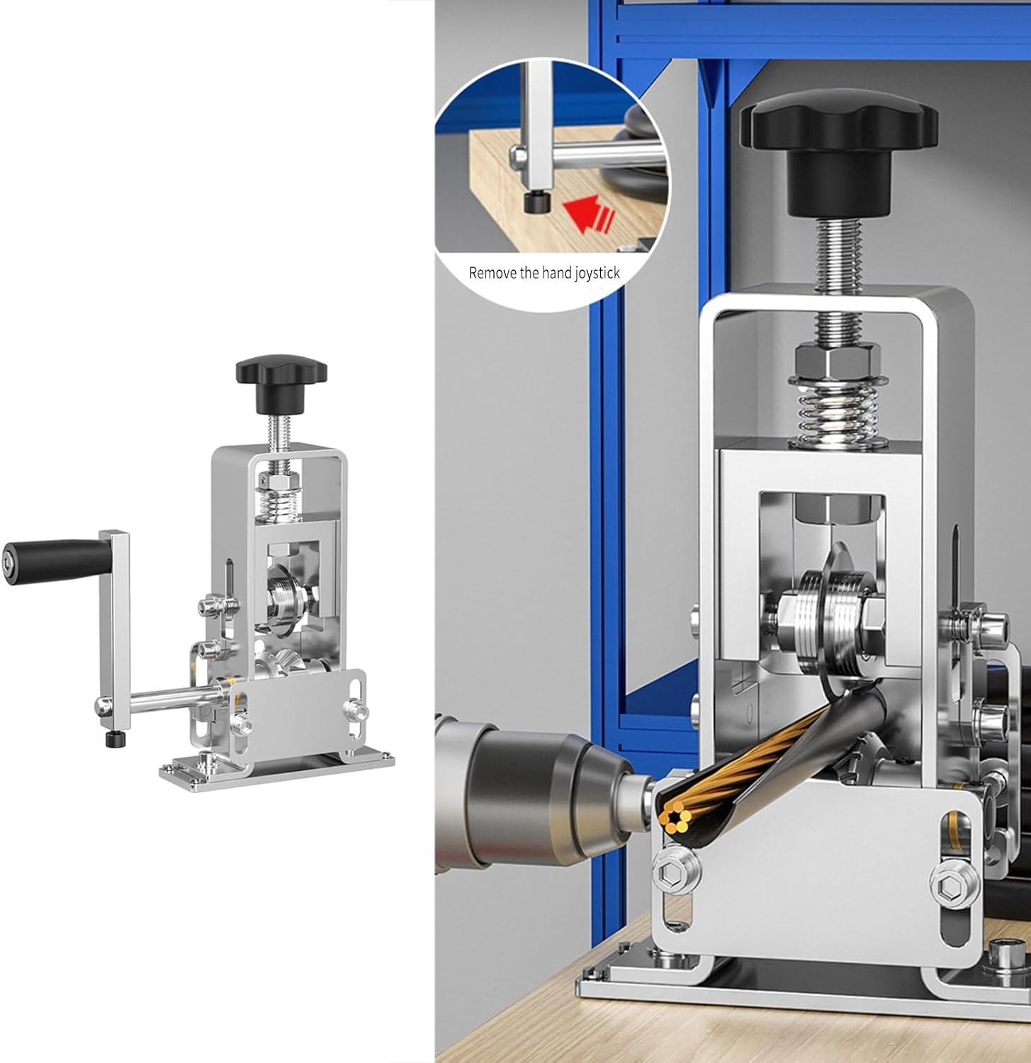 Dual-mode wire stripping machine – front view

Electric wire stripper with manual crank

Compact wire stripper with cable in slot

Manual & electric cable peeler – operation example

Drill-compatible wire stripping machine full kit


