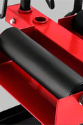 Manual tire changer and spreader stand with red base and swivel platform
Tire changer stand showing adjustable tilt function and tool tray
Manual tire repair stand for light truck tires in auto repair garage