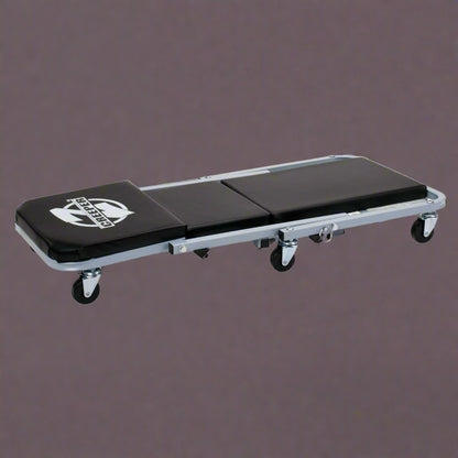 Mechanics creeper rolling cart with padded vinyl surface

Convertible garage seat and creeper with 6 caster wheels

Black auto repair creeper with metal frame and seat

S1066 rolling creeper seat in upright position for repairs