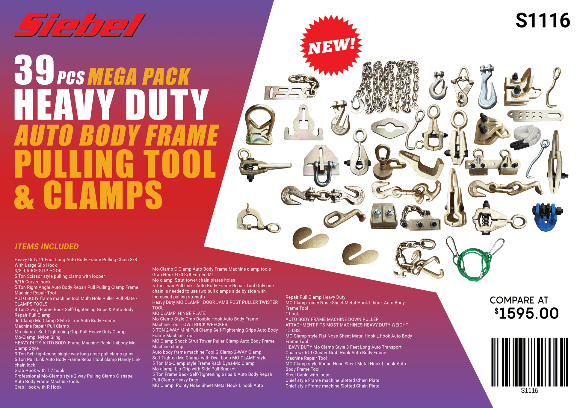 39-piece auto body clamp and pulling set displayed with all components

Heavy-duty frame clamps and chains for collision repair

Durable storage case for auto body pulling kit

Close-up of hooks and pullers in professional repair setup

Steel construction tools for frame straightening
