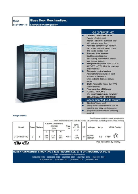 “Siebel G258BMF 2-door black commercial fridge with glass display”

“Interior of LED-lit commercial merchandiser refrigerator”

“Double door beverage cooler for retail and foodservice”

“Adjustable shelving in commercial fridge with aluminum interior”

“Refrigerator with wheels and top-mounted compressor”