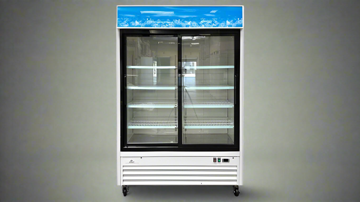 “Siebel G258BMF 2-door black commercial fridge with glass display”

“Interior of LED-lit commercial merchandiser refrigerator”

“Double door beverage cooler for retail and foodservice”

“Adjustable shelving in commercial fridge with aluminum interior”

“Refrigerator with wheels and top-mounted compressor”