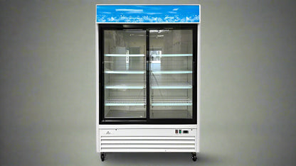 “Siebel G258BMF 2-door black commercial fridge with glass display”

“Interior of LED-lit commercial merchandiser refrigerator”

“Double door beverage cooler for retail and foodservice”

“Adjustable shelving in commercial fridge with aluminum interior”

“Refrigerator with wheels and top-mounted compressor”