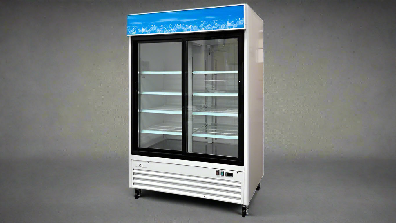 “Siebel G258BMF 2-door black commercial fridge with glass display”

“Interior of LED-lit commercial merchandiser refrigerator”

“Double door beverage cooler for retail and foodservice”

“Adjustable shelving in commercial fridge with aluminum interior”

“Refrigerator with wheels and top-mounted compressor”