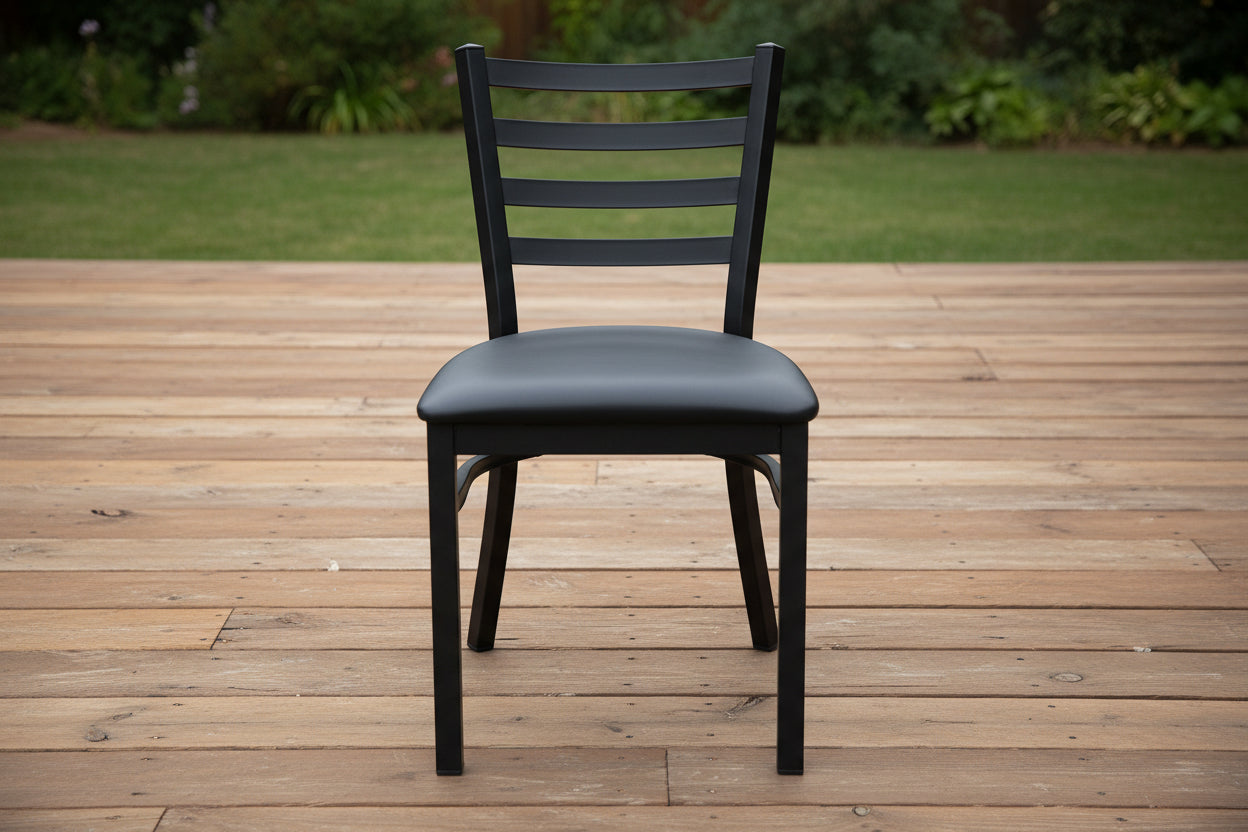 Black Metal Restaurant Chair with Padded Seat – Front View

Side Profile of Commercial Dining Chair – Ladder Back Design

Stackable Black Metal Chair with Cushioned Seat

Commercial Dining Chair for Café or Restaurant Setting

