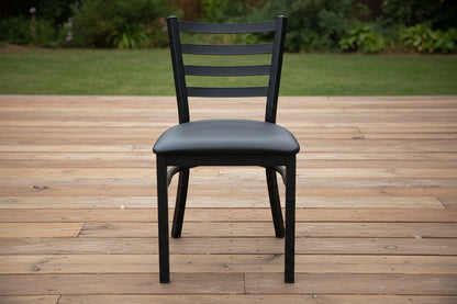 Black Metal Restaurant Chair with Padded Seat – Front View

Side Profile of Commercial Dining Chair – Ladder Back Design

Stackable Black Metal Chair with Cushioned Seat

Commercial Dining Chair for Café or Restaurant Setting

