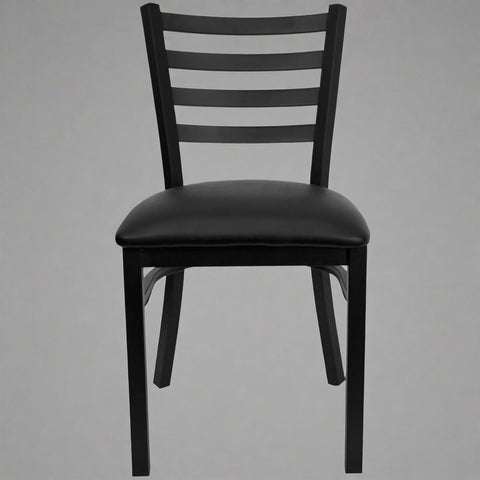 Black Metal Restaurant Chair with Padded Seat – Front View

Side Profile of Commercial Dining Chair – Ladder Back Design

Stackable Black Metal Chair with Cushioned Seat

Commercial Dining Chair for Café or Restaurant Setting

