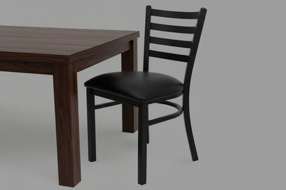 Black Metal Restaurant Chair with Padded Seat – Front View

Side Profile of Commercial Dining Chair – Ladder Back Design

Stackable Black Metal Chair with Cushioned Seat

Commercial Dining Chair for Café or Restaurant Setting

