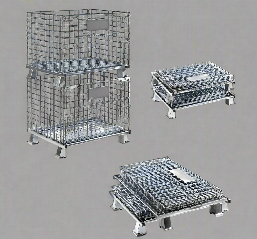 Foldable galvanized metal storage cage on warehouse floor

Stackable wire cage for industrial storage

Metal pallet container with wire mesh

Folded storage cage for compact transport

Warehouse bins stacked for storage optimization