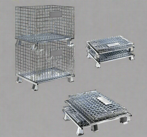 Foldable galvanized metal storage cage on warehouse floor

Stackable wire cage for industrial storage

Metal pallet container with wire mesh

Folded storage cage for compact transport

Warehouse bins stacked for storage optimization