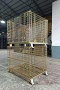Foldable galvanized metal storage cage on warehouse floor

Stackable wire cage for industrial storage

Metal pallet container with wire mesh

Folded storage cage for compact transport

Warehouse bins stacked for storage optimization