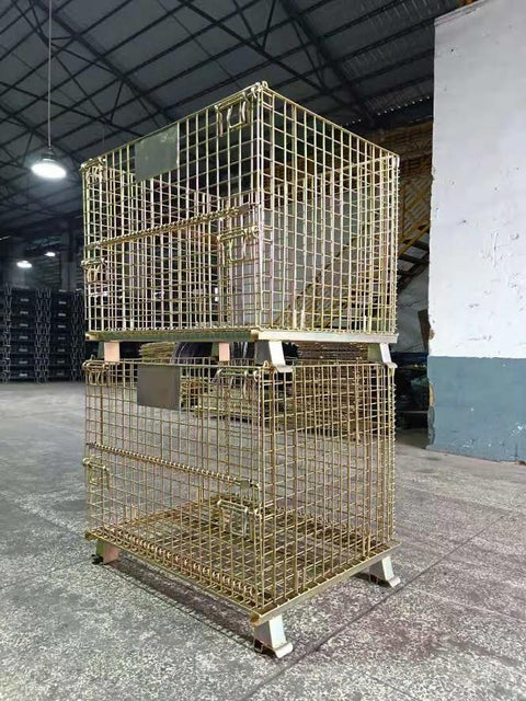 Foldable galvanized metal storage cage on warehouse floor

Stackable wire cage for industrial storage

Metal pallet container with wire mesh

Folded storage cage for compact transport

Warehouse bins stacked for storage optimization