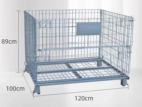 Foldable galvanized metal storage cage on warehouse floor

Stackable wire cage for industrial storage

Metal pallet container with wire mesh

Folded storage cage for compact transport

Warehouse bins stacked for storage optimization