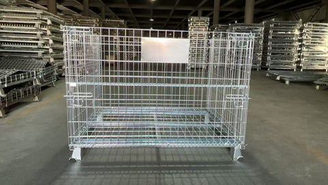 Foldable galvanized metal storage cage on warehouse floor

Stackable wire cage for industrial storage

Metal pallet container with wire mesh

Folded storage cage for compact transport

Warehouse bins stacked for storage optimization