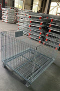 Foldable galvanized metal storage cage on warehouse floor

Stackable wire cage for industrial storage

Metal pallet container with wire mesh

Folded storage cage for compact transport

Warehouse bins stacked for storage optimization