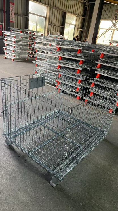 Foldable galvanized metal storage cage on warehouse floor

Stackable wire cage for industrial storage

Metal pallet container with wire mesh

Folded storage cage for compact transport

Warehouse bins stacked for storage optimization