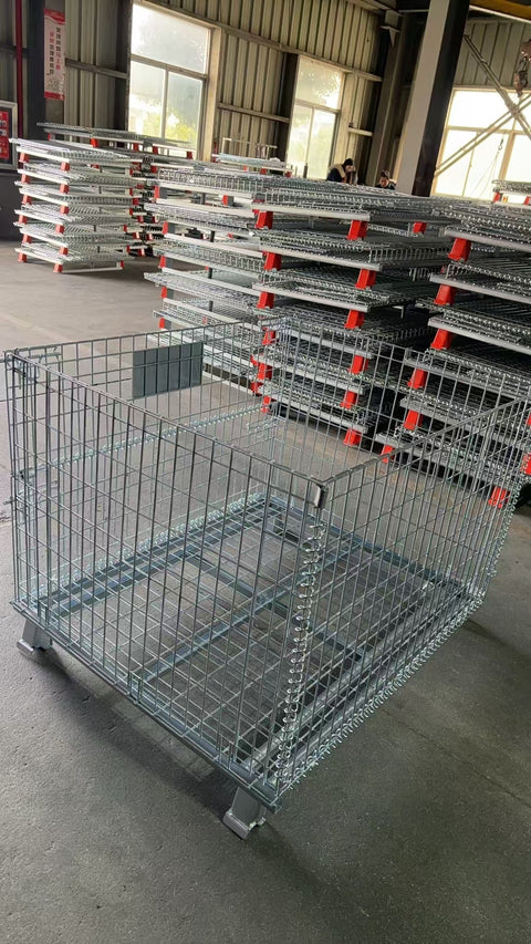 Foldable galvanized metal storage cage on warehouse floor

Stackable wire cage for industrial storage

Metal pallet container with wire mesh

Folded storage cage for compact transport

Warehouse bins stacked for storage optimization