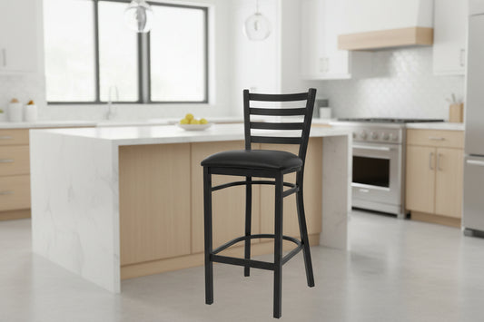 Black metal bar stool with low-back and vinyl seat

SG60002T restaurant chair – side view

Commercial bar stool with padded seat and ladder-back

Stackable metal bar chairs for bar and kitchen

Durable black powder-coated steel bar stool

