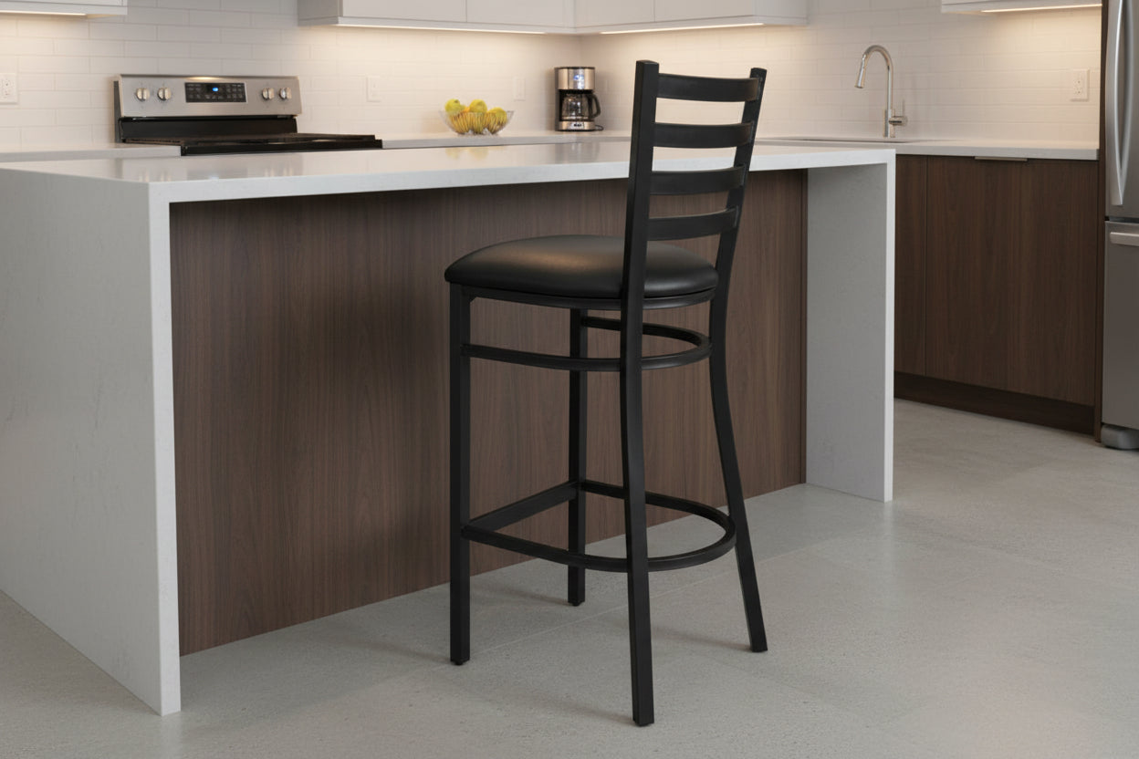 Black metal bar stool with low-back and vinyl seat

SG60002T restaurant chair – side view

Commercial bar stool with padded seat and ladder-back

Stackable metal bar chairs for bar and kitchen

Durable black powder-coated steel bar stool

