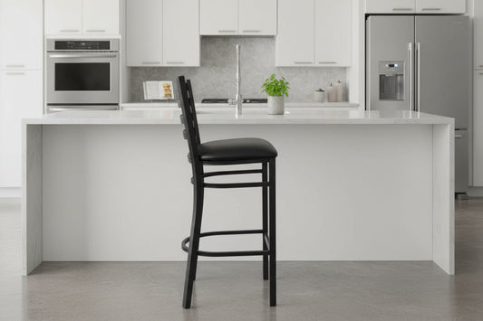 Black metal bar stool with low-back and vinyl seat

SG60002T restaurant chair – side view

Commercial bar stool with padded seat and ladder-back

Stackable metal bar chairs for bar and kitchen

Durable black powder-coated steel bar stool

