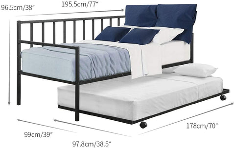 “Metal twin daybed with trundle frame – space-saving black design”

“Convertible sofa bed with pull-out trundle for guests”

“Steel twin bed frame with trundle rollers – black finish”