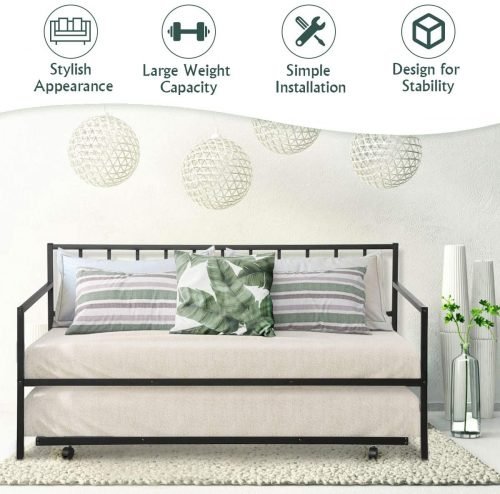 “Metal twin daybed with trundle frame – space-saving black design”

“Convertible sofa bed with pull-out trundle for guests”

“Steel twin bed frame with trundle rollers – black finish”