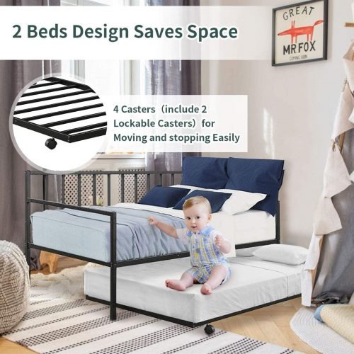 “Metal twin daybed with trundle frame – space-saving black design”

“Convertible sofa bed with pull-out trundle for guests”

“Steel twin bed frame with trundle rollers – black finish”