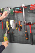 Heavy-duty metal pegboard wall tool organizer with hook set
Tool pegboard with 17 red and black hooks – wall-mounted
Garage tool organization system – pegboard for workshop
Black and red steel tool storage wall panel
Wall-mounted pegboard with assorted hooks for tools