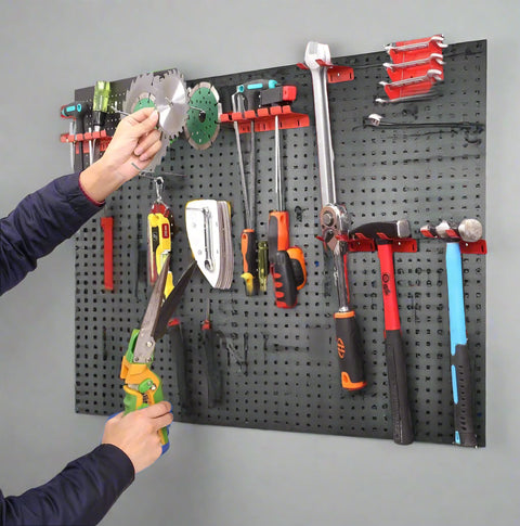 Heavy-duty metal pegboard wall tool organizer with hook set
Tool pegboard with 17 red and black hooks – wall-mounted
Garage tool organization system – pegboard for workshop
Black and red steel tool storage wall panel
Wall-mounted pegboard with assorted hooks for tools