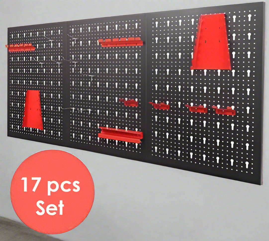 Heavy-duty metal pegboard wall tool organizer with hook set
Tool pegboard with 17 red and black hooks – wall-mounted
Garage tool organization system – pegboard for workshop
Black and red steel tool storage wall panel
Wall-mounted pegboard with assorted hooks for tools