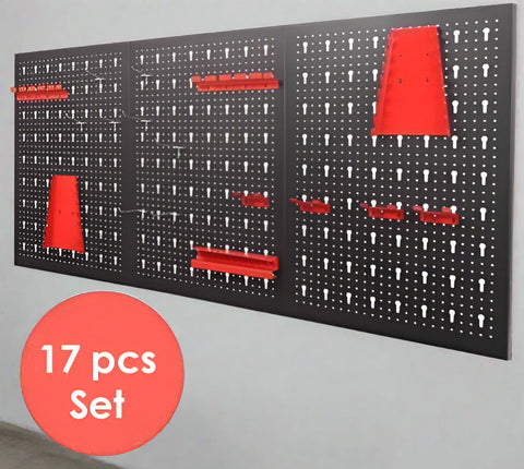 Heavy-duty metal pegboard wall tool organizer with hook set
Tool pegboard with 17 red and black hooks – wall-mounted
Garage tool organization system – pegboard for workshop
Black and red steel tool storage wall panel
Wall-mounted pegboard with assorted hooks for tools