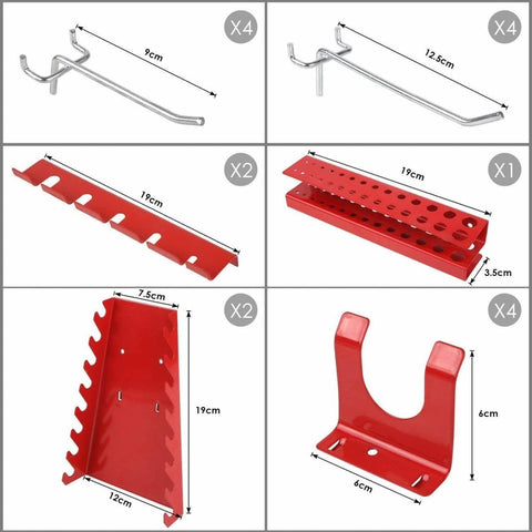 Heavy-duty metal pegboard wall tool organizer with hook set
Tool pegboard with 17 red and black hooks – wall-mounted
Garage tool organization system – pegboard for workshop
Black and red steel tool storage wall panel
Wall-mounted pegboard with assorted hooks for tools