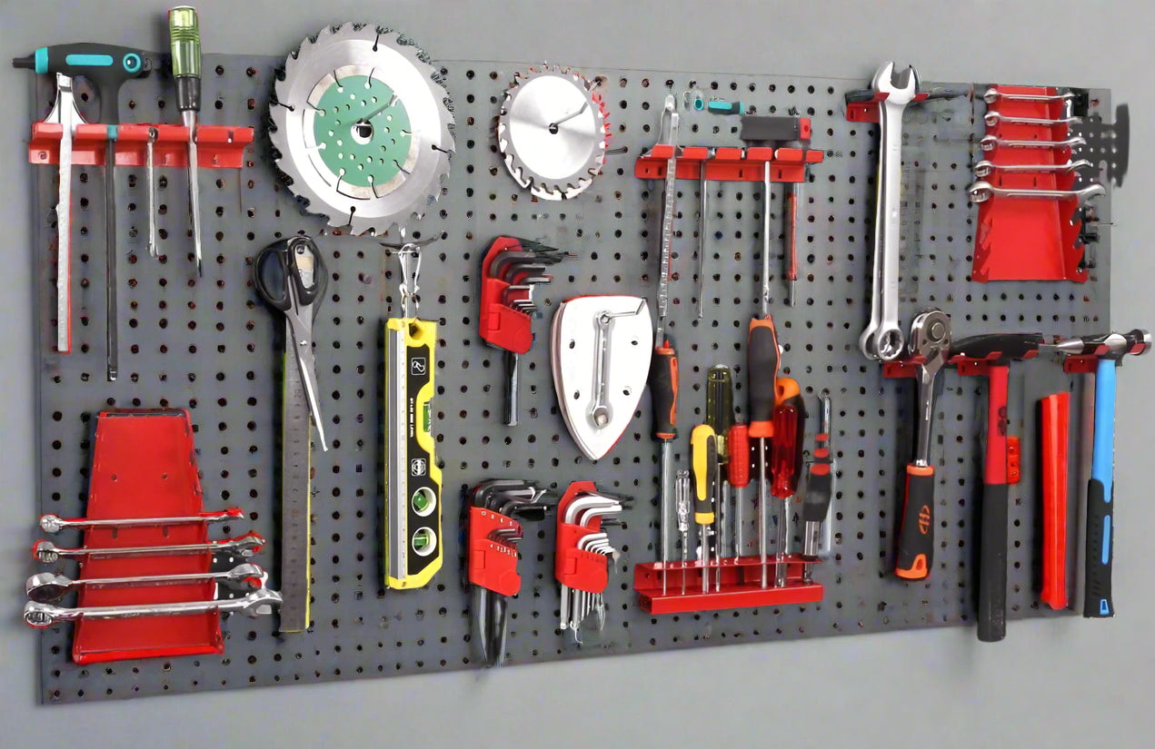 Heavy-duty metal pegboard wall tool organizer with hook set
Tool pegboard with 17 red and black hooks – wall-mounted
Garage tool organization system – pegboard for workshop
Black and red steel tool storage wall panel
Wall-mounted pegboard with assorted hooks for tools