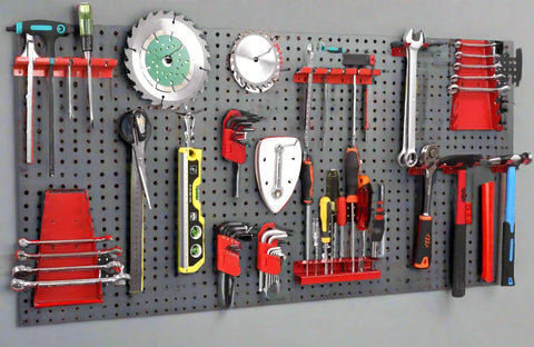 Heavy-duty metal pegboard wall tool organizer with hook set
Tool pegboard with 17 red and black hooks – wall-mounted
Garage tool organization system – pegboard for workshop
Black and red steel tool storage wall panel
Wall-mounted pegboard with assorted hooks for tools