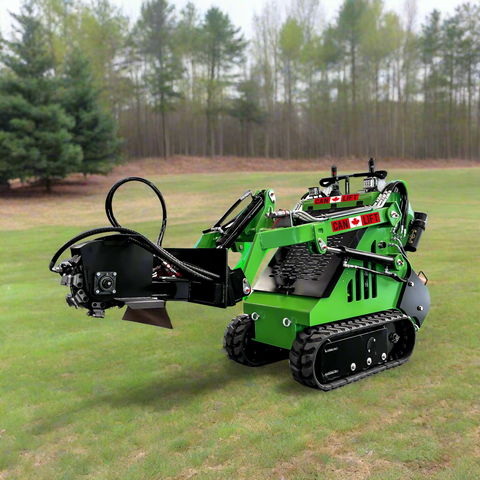Mini skid steer attachment with hydraulic auger
Green mini skid loader with stump grinder attachment
Heavy-duty mini skid steer snow blower
Landscaping auger tool for mini skid loader
Mini skid attachments for trenching and clearing