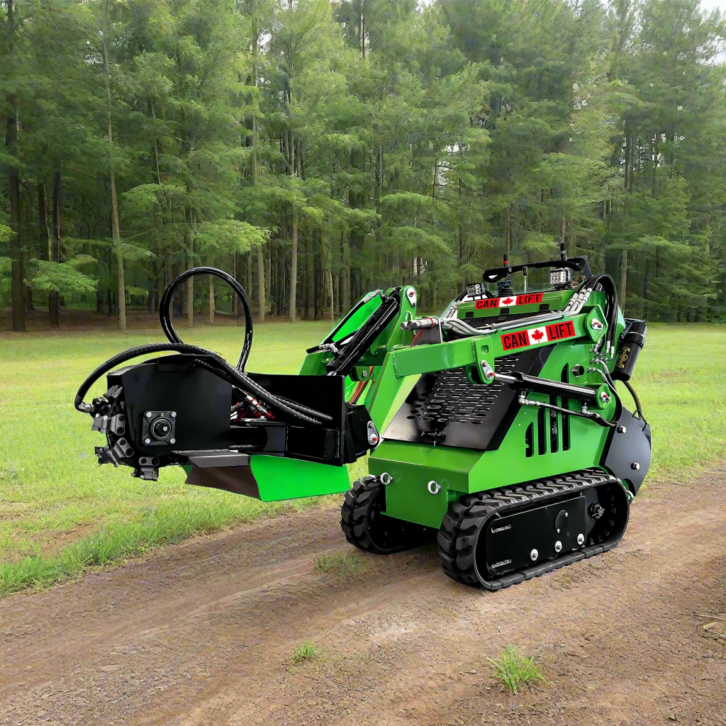 Mini skid steer attachment with hydraulic auger
Green mini skid loader with stump grinder attachment
Heavy-duty mini skid steer snow blower
Landscaping auger tool for mini skid loader
Mini skid attachments for trenching and clearing