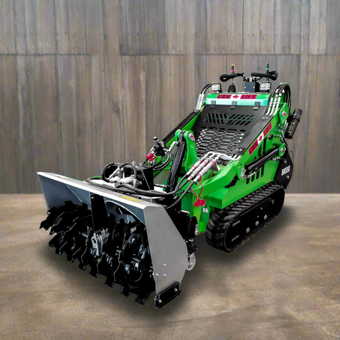 Mini skid steer attachment with hydraulic auger
Green mini skid loader with stump grinder attachment
Heavy-duty mini skid steer snow blower
Landscaping auger tool for mini skid loader
Mini skid attachments for trenching and clearing