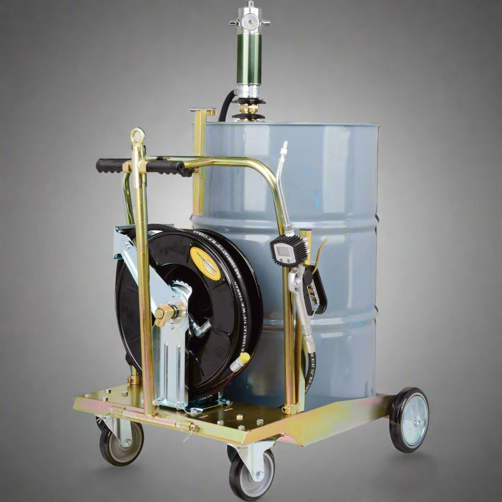 “Mobile 5:1 oil pump kit with hose reel and digital meter”

“Industrial air-operated oil transfer system on trolley”

“Pneumatic oil pump for 55-gallon drum with 12 ft hose”

“Heavy-duty drum cart oil dispensing system”

“Oil pump with digital control valve and large wheels”