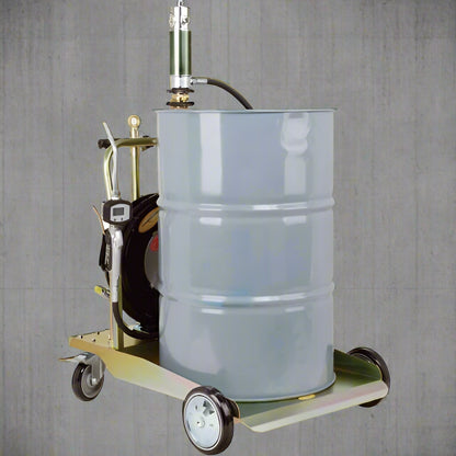 “Mobile 5:1 oil pump kit with hose reel and digital meter”

“Industrial air-operated oil transfer system on trolley”

“Pneumatic oil pump for 55-gallon drum with 12 ft hose”

“Heavy-duty drum cart oil dispensing system”

“Oil pump with digital control valve and large wheels”