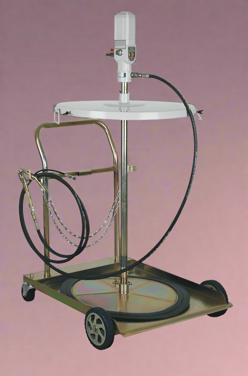 “Mobile 5:1 oil pump kit with hose reel and digital meter”

“Industrial air-operated oil transfer system on trolley”

“Pneumatic oil pump for 55-gallon drum with 12 ft hose”

“Heavy-duty drum cart oil dispensing system”

“Oil pump with digital control valve and large wheels”